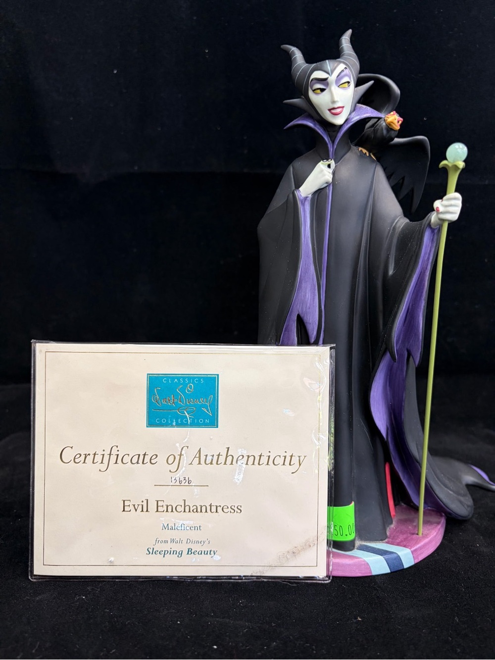 Disney Maleficent Figurine in Black and Purple with Green Staff